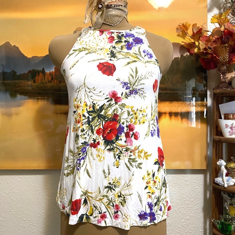 Anthropologie Akemi + Kin Tank Top Boho Floral Crochet Back Womens XS White